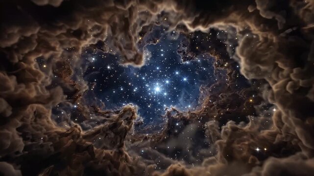 Star cluster surrounded by dark interstellar dust clouds in deep space