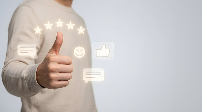 Close up of a man giving a thumbs up with digital icons of five stars, a smiley face, and speech bubbles, representing customer satisfaction, excellent service, and positive online feedback.