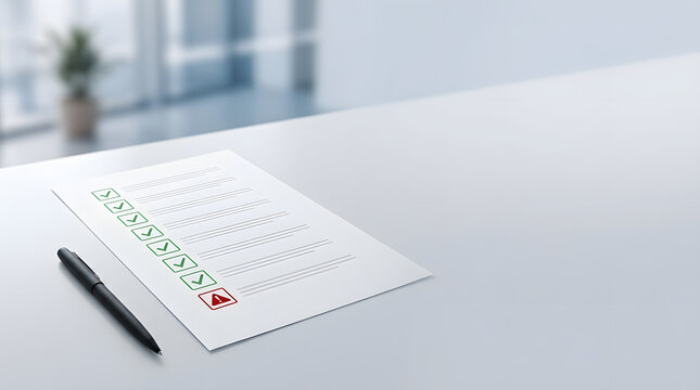 Close up of a checklist document on a clean office desk with green checkmarks and a red warning alert icon, representing business audit, evaluation, compliance check, and quality control process.