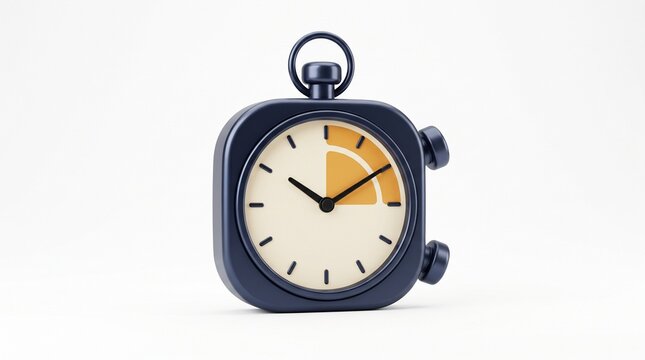 Stylized navy blue square stopwatch icon on white background 3d render