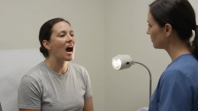 Female Clinician Examining Patient Throat with Medical Light in Clinic
