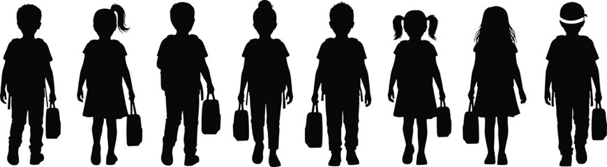 Obraz premium Black silhouettes of eight school children standing in a row, each holding a school bag or backpack, isolated on a white background