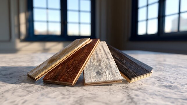 Variety of hardwood flooring samples displayed on marble surface in bright room for interior design concept