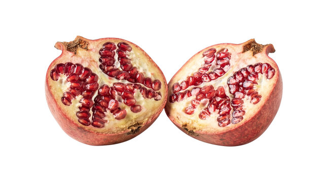 Fresh ripe pomegranate halves showing juicy red seeds, organic ruby garnet fruit arils for healthy diet, raw antioxidant rich tropical fruit concept isolated PNG with Transparent Background