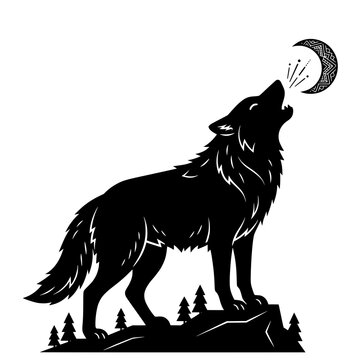 Wolf howling at a patterned crescent moon on a rocky cliff with wolf silhouette mandala moon wild animal pine trees graphic art