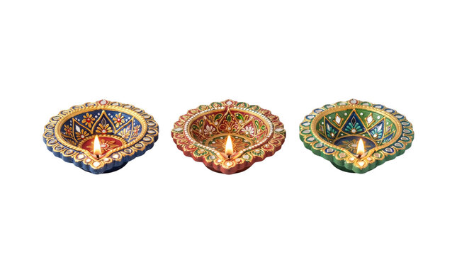Traditional Diwali Diya Oil Lamps set of 3, decorated colorful clay deepak for Hindu festival of lights, glowing oil lamp decoration isolated PNG with Transparent Background