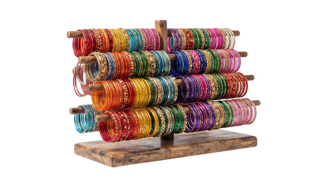 Traditional Indian bangles on wooden display stand, colorful glass bangle bracelets, ethnic women fashion accessories isolated PNG with Transparent Background