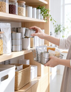 収納棚の缶詰と食品ストックを点検する手元の縦構図