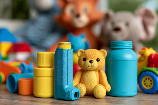 Asthma inhaler and medicine bottles for children, standing alongside a teddy bear and colorful toys, representing pediatric health and childhood illness management