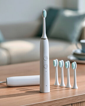 Modern electric toothbrush standing upright on a wooden surface with charging base and multiple replacement heads, emphasizing daily dental care and oral hygiene for healthy smile, copy space