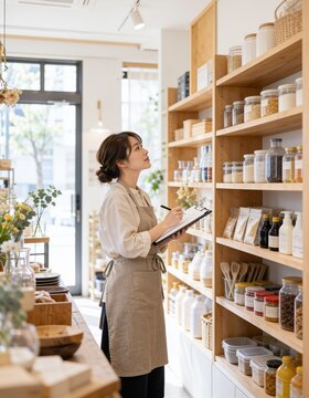 クリップボードで商品の在庫を確認する女性