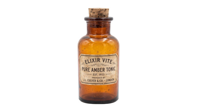 Vintage amber glass apothecary bottle with cork stopper, antique medicine elixir bottle, retro pharmaceutical jar isolated PNG with Transparent Background