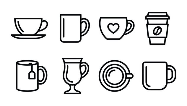 Minimalist black outline coffee shop beverage cups icons set featuring hot tea mugs and takeaway paper containers
