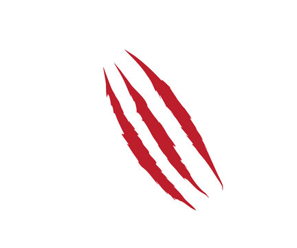 Red claw scratch marks isolated on white background. Four diagonal animal slash tears for horror and Halloween design. Bold scary monster paw scar ideal for posters, logos, and game graphics.