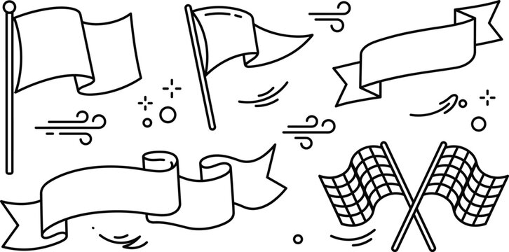 Blank flag ribbon banner racing checkered flags vector illustration doodle hand drawn outline