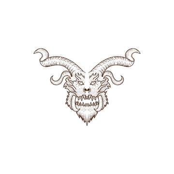 Vintage Hand Drawn Horned Beast Monster Head Illustration
