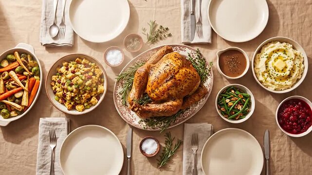Roasted Thanksgiving turkey with steam rising on a dining table with traditional side dishes like mashed potatoes and cranberry sauce.