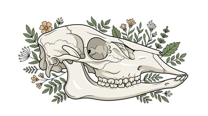 Obraz premium Side View Vector Illustration of an Animal Skull Surrounded by Wildflowers and Botanical Leaves, Hand-Drawn Style Deer or Sheep Bone Anatomy, Earth Tones Nature Graphic.