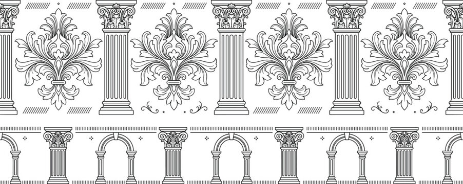 Classic Ancient Greek Column Architectural Damask Seamless Border Pattern Line Art Vector Design