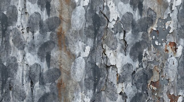 Grungy industrial wall texture with human fingerprint patterns and peeling paint for crime scene investigations, identity security concepts, and digital design backgrounds.