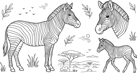 Obraz premium African Zebra Wildlife Safari Vector Set with Foal Landscape and Tree Symbols