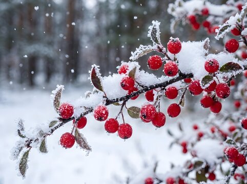 Bright red winterberries covered in snow against a blurred forest background