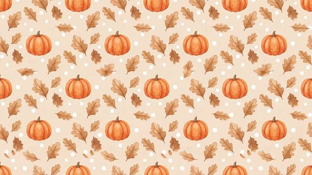 Seamless autumn background with watercolor pumpkins and oak leaves rotating