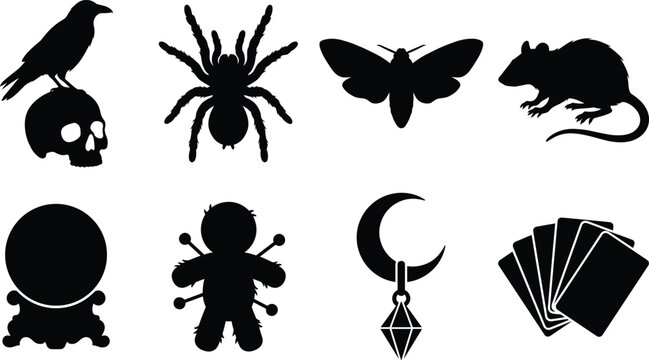 Occult and Witchcraft Silhouette Icons - Spooky vector collection featuring a skull, raven, voodoo doll, crystal ball, and esoteric magic elements.