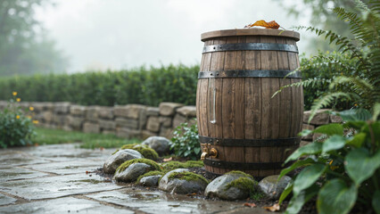 Obraz premium Rainwater collection barrel system in garden with natural stone and greenery during overcast weather