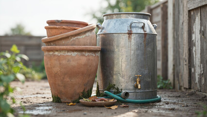 Obraz premium Rustic metal water container and terracotta pot placed outdoors near garden area with hose connection