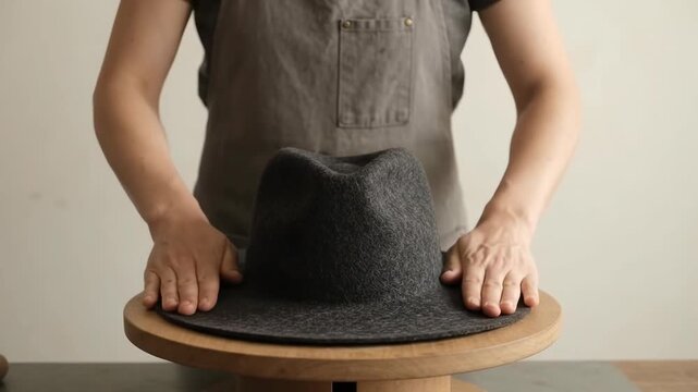 Milliner Pressing the Brim of a Dark Grey Felt Hat on a Wooden Stand
