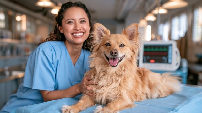 A smiling veterinarian in scrubs poses with a happy, fluffy dog on an exam table in a bright veterinary clinic.
