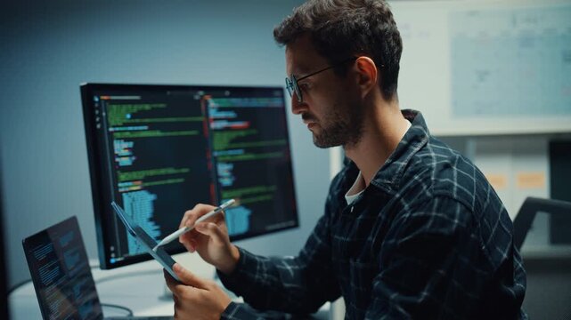 Young Caucasian male programmer use tablet for code design and plan in dark home office at night. AI technology, cybersecurity, software developer, freelance innovation, digital data network concept.