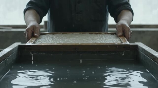 Artisan Papermaker Lifts a Wooden Mould of Wet Pulp From a Vat of Water