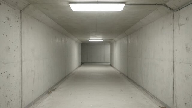 Overhead Fluorescent Light Turns On Inside an Empty Concrete Pedestrian Tunnel