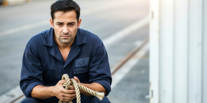 Tired dock worker holding a rope while sitting near a shipping container at a port