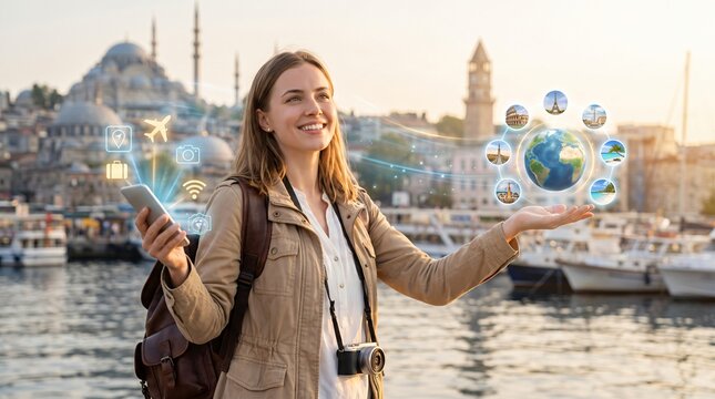 A smiling woman, dressed for travel, stands before the Istanbul cityscape, holding a virtual globe and digital technology icons&mdash;technology that enhances the travel experience.