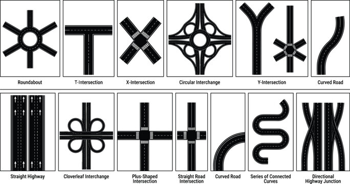 Highway road intersection and junction infographical layout set including cloverleaf interchange roundabout curves and street path vector