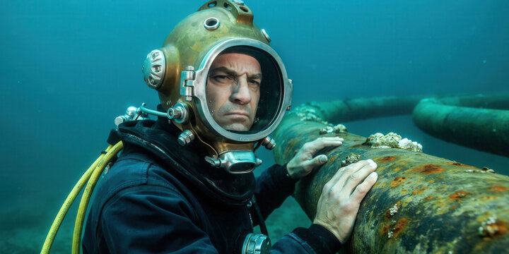 Professional diver in vintage brass helmet inspecting a large underwater pipeline on the seabed