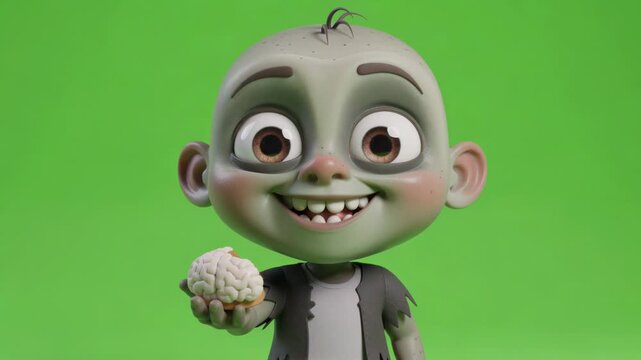 Playful 3D Cartoon Zombie Kid joyfully nibbling a gooey frosted brain cake, wide eyes and mischievous grin against a bright chroma key background