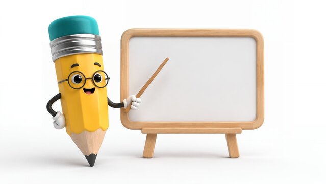 Cute 3D pencil teacher character with blank classroom board