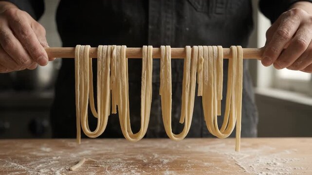 Chef Lifts Fresh Pasta Noodles On A Wooden Rolling Pin Over A Floured Kitchen Counter