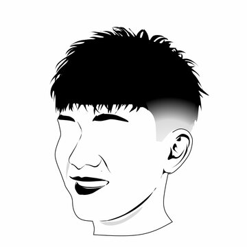 Black and white minimalist line art illustration of a young smiling man with french crop textured haircut and low skin fade isolated on white background. Modern Korean mens hairstyle for barbershop lo