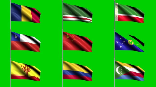 Country flags stand on green screen in a compact nine-flag tile layout, presenting geography, identity, culture, travel, diplomacy, and heritage for websites, presentations, marketing, and media.