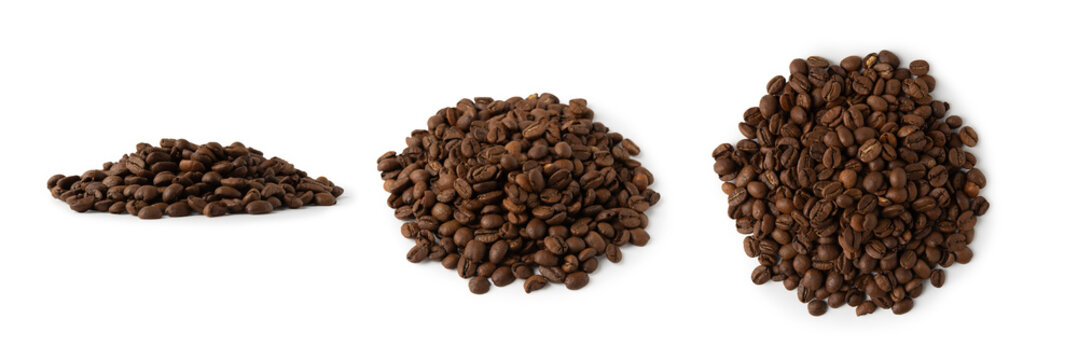 Roasted Coffee Beans Piles Isolated on White Background, Three Angles