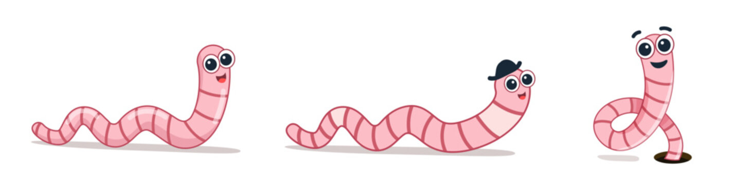 Pink worm with hat, flat style. Earthworm is a cartoon character. vector Isolated illustration Worm on white background.