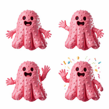 Character sheet of a cute pink bubble wrap ghost mascot in smooth claymation style. 2x2 grid featuring 4 poses: giggling, waving, thinking, and celebrating with confetti. Isolated on white.