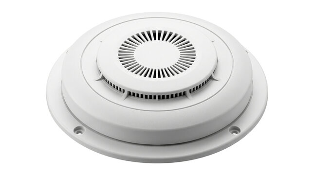 Modern Smoke Detector Isolated on White Background, Ceiling Fire Alarm System, White Plastic Safety Sensor for Home Protection