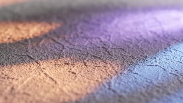 Close-up of colorful light reflections moving across a textured surface. Abstract background with shifting orange and blue illumination. Copy space