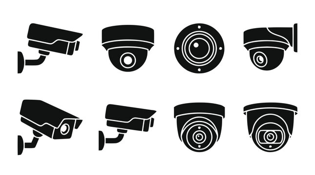 Vector illustration of set of security surveillance cameras icons on a transparent background